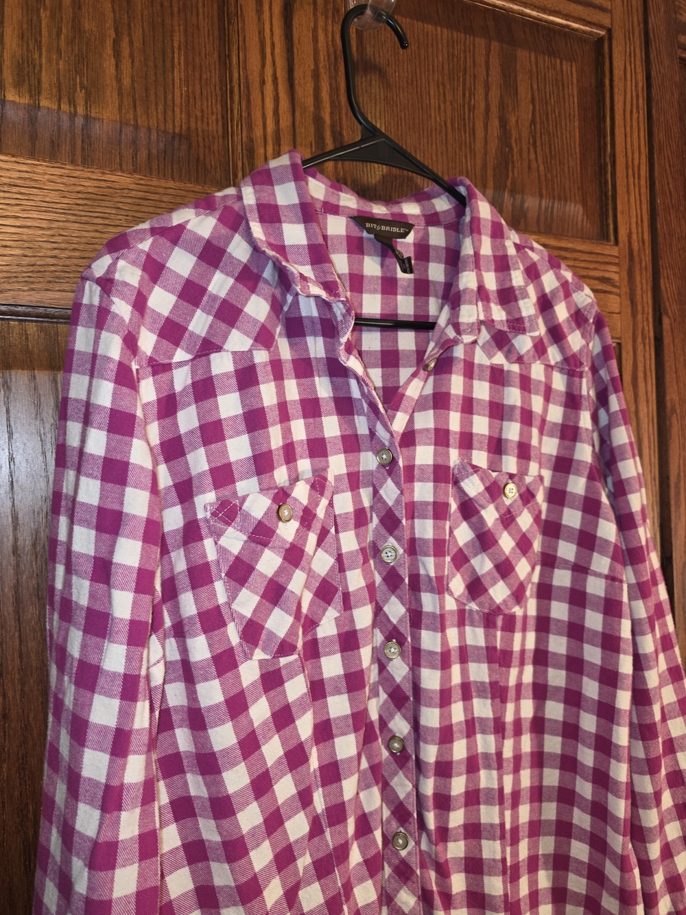 Bit & Bridle Pink and White Plaid Button-Down Shirt 100% Cotton